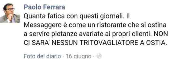 Il post su Facebook di Paolo Ferrara del 16 giugno, in riferimento ad un articolo comparso su
